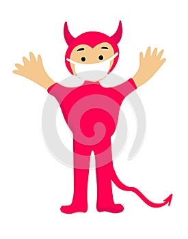 Halloween cartoon character in covid-19 pandemic. scary cute demon in protective mask