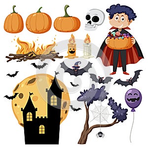 Halloween cartoon character and elements set