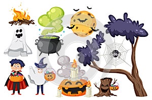 Halloween cartoon character and elements set