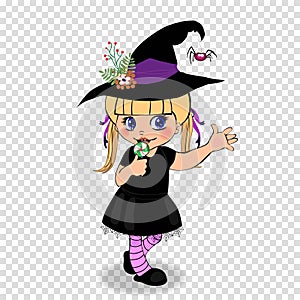 Halloween cartoon character of little baby girl in witch dress on transparent background.