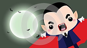 Halloween cartoon Count Dracula against full moon light