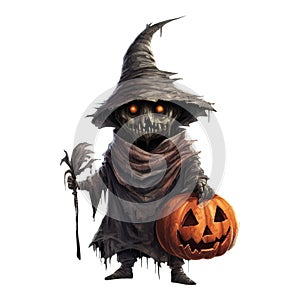 Halloween cartoon evil character holding pumpkin lantern. Scary character in a witch\'s hat and black cloak