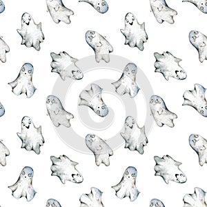 Halloween cartoon ghost pattern background. Happy Halloween seamless design of white ghost. Watercolor illustration.