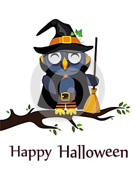 Halloween. Cartoon owl in a witch costume with broom sitting
