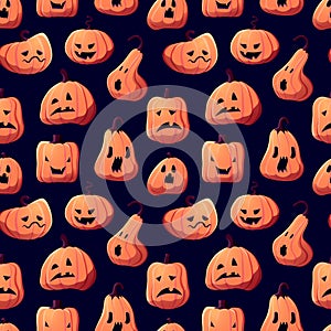 Halloween cartoon pumpkins pattern background. Vector Happy Halloween greeting card and trick or treat party seamless