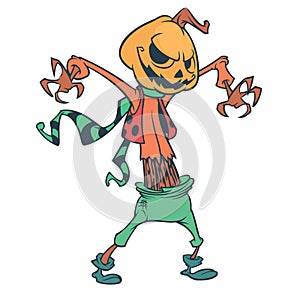 Halloween cartoon scarecrow pumpkin head. Halloween illustration