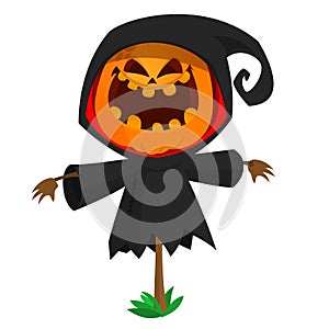 Halloween cartoon scarecrow with pumpkin head.  Jack-o-lantern