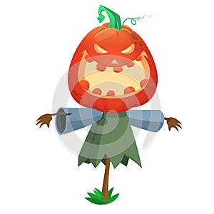 Halloween cartoon scarecrow with pumpkin head.  Jack-o-lantern