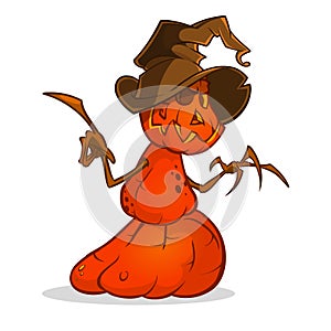 Halloween cartoon scarecrow with pumpkin head. Vector cartoon character isolated on white.