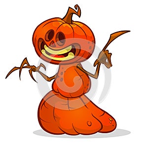 Halloween cartoon scarecrow with pumpkin head. Vector cartoon character isolated on white.