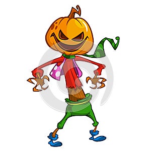 Halloween cartoon scarecrow with pumpkin head. Vector cartoon character isolated on white.