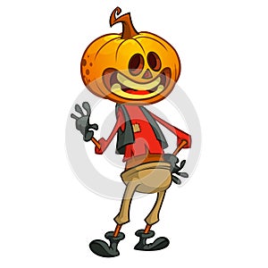 Halloween cartoon scarecrow with pumpkin head. Vector cartoon character isolated on white.