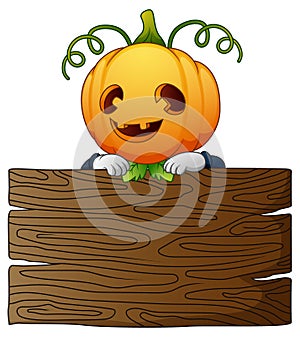Halloween cartoon scarecrow with wooden board