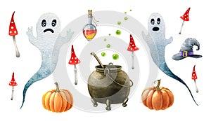 Halloween cartoon set. Hand drawn watercolor spooky funny elements. Halloween funny ghost, pumpkin, witch kettle, potion