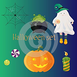 Halloween cartoon set including sweets, costumed as ghost kid, vat with potion, web, pumpkin and candle.