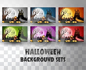 Halloween cartoon silhouette background sets with different colour scene