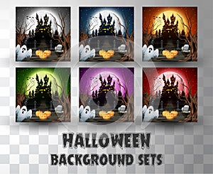 Halloween cartoon silhouette background sets with different colour scene