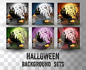 Halloween cartoon silhouette background sets with different colour scene