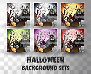 Halloween cartoon silhouette background sets with different colour scene