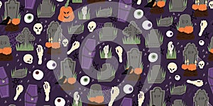 Halloween cartoon style hand drawn seamless pattern with coffin, grave, raven, zombie hand. Fabric textile, wrapping paper or web