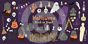 Halloween cartoon style hand drawn symbols - witch hat, pumpkin, grave, raven, black cat, zombie etc