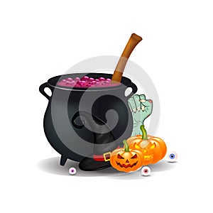 Halloween cartoon, symbols composition. vector objects arrangement, pumpkins, witch hat, cauldron, and more. Vector collage of cut