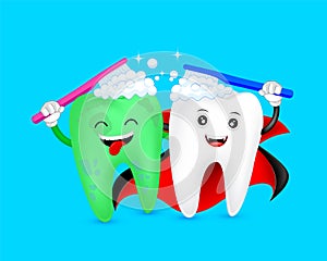 Halloween cartoon tooth character  brushing together.