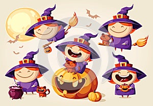 Halloween cartoon witch set. Vector character