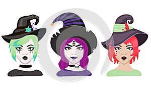 Halloween cartoon witches vector set. Witch wearing typical witch hat. Face painting, witch makeup. Pretty sorceress