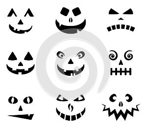 Halloween carved faces silhouettes collection. Jack o lantern scary emotions cartoon vector set isolated on white. Set of ghost or