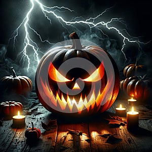 Halloween Carved jack-o-lantern glowing ominously with lightning backdrop. A menacing pumpkin amongst candles. Concept