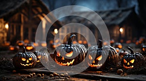 Halloween carved jack-o-lantern pumpkins outside on Hallows Eve - generative AI