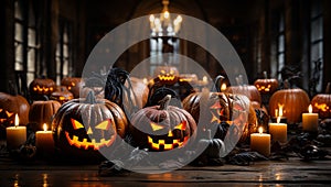 Halloween carved pumpkin head jack lantern with burning candles and colorful bokeh background, Jack O lanterns in spooky room on