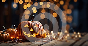 Halloween carved pumpkin head jack lantern with burning candles and colorful bokeh background, Jack O lanterns in spooky room on