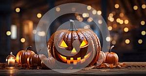 Halloween carved pumpkin head jack lantern with burning candles and colorful bokeh background, Jack O lanterns in spooky room on