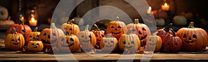 Halloween carved pumpkins and candles on Hallows Eve - generative AI