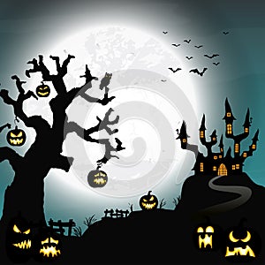 Halloween castle and dead tree in front of an full moon