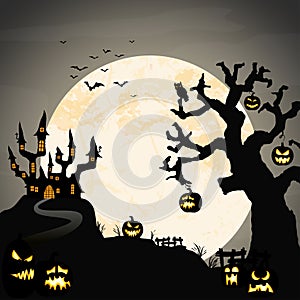 Halloween castle and dead tree in front of an full moon