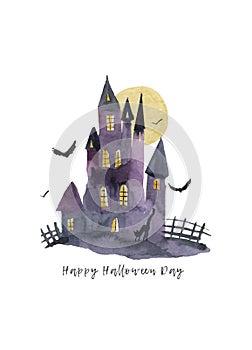 Halloween castle grave yard background with a spooky haunted castle, trees and graves