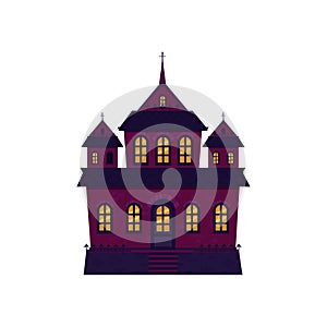Halloween castle house isolated. Dark palace star architecture. Flat cartoon vector illustration