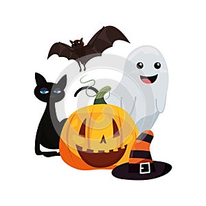 Halloween cat ghost pumpkin bat and hat