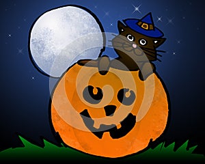 Halloween Cat, Pumpkin, Moon