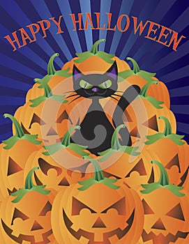 Halloween Cat with Pumpkins Illustration