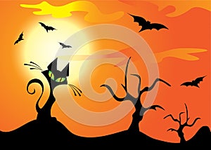 Halloween cat, trees and bats.