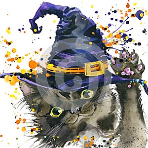 Halloween cat and witch hat. Watercolor illustration background