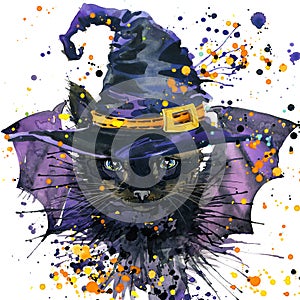 Halloween cat and witch hat. Watercolor illustration background