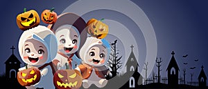 Halloween celebration background concept and three children dressed in cute ghost costumes and pumpkin ghost in cemetery