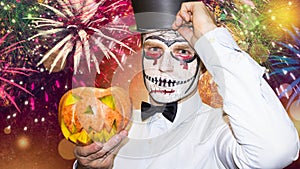 Halloween celebration concept. Halloween party background. Man with halloween yellow pumpkin