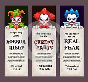 Halloween celebration event banners with scary clown faces.