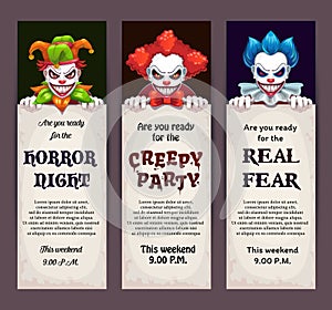 Halloween celebration event banners with scary clown faces. photo